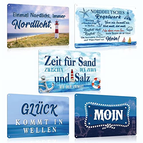 ESFIVHO 5er Set Vintage Blechschild Nordsee Meer Strand Leuchtturm - Retro Metallschild mit Spruch - MOIN - GLÜCK KOMMT IN WELLEN - NORDDEUTSCHES REGELWERK - Wand-schild Shabby Chic Deko Geschenk von ESFIVHO