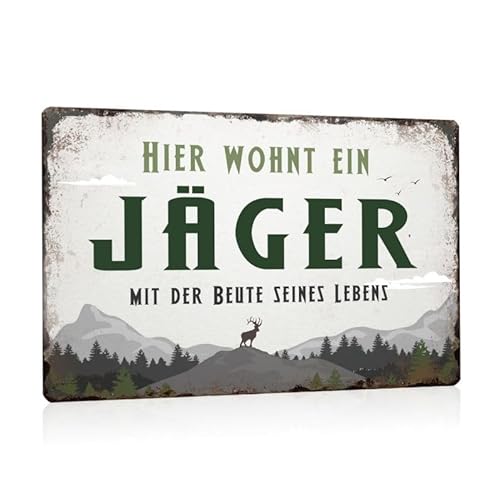 Retro Jäger Metallschilder mit Sprüchen 20x30cm - HIER WOHNT EIN JÄGER MIT DER BEUTE SEINES LEBENS - Blechschilder Wanddeko Geschenkideen für Männer Geburtstag Großeltern Weihnachten von ESFIVHO