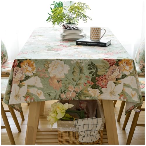 ESINY Tischdecke Rechteckige 130x170cm Tischtuch Baumwolle Leinen Abwaschbar Tischdecke, Tischwäsche mit Blumendruck, Bedruckte tischdecke Tischdekoration für Home Küchenzimmer von ESINY