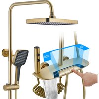 Esip - Duschsystem mit Thermostat, Duscharmatur Gebürstetes Gold Dusche Set Höhenverstellbar Regendusche Set mit Wannenauslauf, 310 200mm Duschkopf, von ESIP