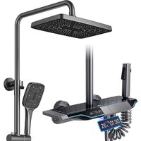 Duschsystem mit Thermostat Grau, Umgebungslicht Duscharmatur mit LED-Digitalanzeige, Höhenverstellbar Duschsäule, 310x200mm Kopfbrause, Handbrause, von ESIP