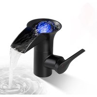 Wasserhahn Bad Wasserfall Messing Waschtischarmatur LED Bad Wasserhahn mit RGB 3 Farbewechsel Waschbecken Armatur Schwarz Einhebelmischer Warm und von ESIP