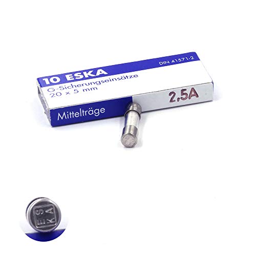 10 x mittlere Schmelzsicherung, träge (M) aus Glas, 2,5 A / 250 V AC, 5 x 20 mm von ESKA