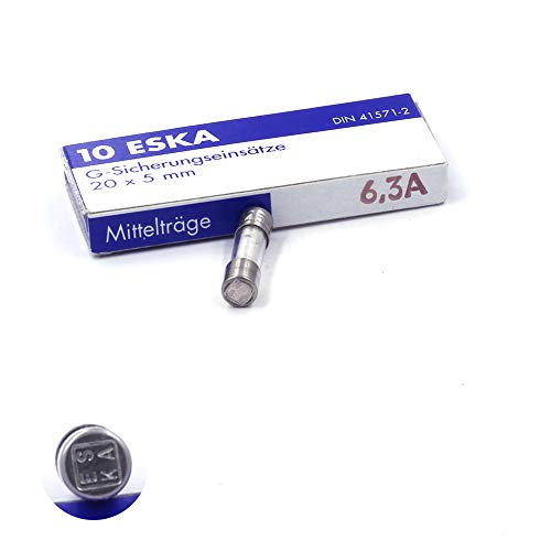 10 x mittlere Schmelzsicherung, träge (M) aus Glas, 6,3 A / 250 V AC, 5 x 20 mm von ESKA