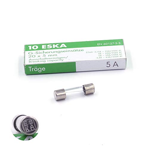 10 x Schmelzsicherung, träge (T), aus Glas, 5 A / 250 V AC, 5 x 20 mm von ESKA