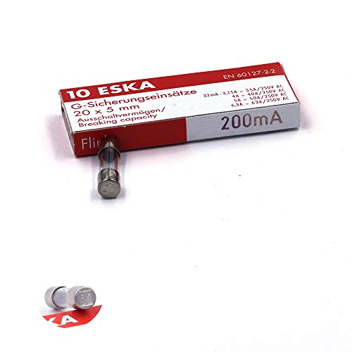 Schnellsicherung (F), aus Glas, 200 mA, 250 V AC, 5 x 20 mm, 10 Stück von ESKA