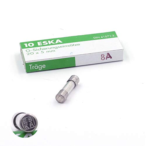 Schmelzsicherung, träge (T), aus Glas, 8 A/250 V AC, 5 x 20 mm, 10 Stück von ESKA