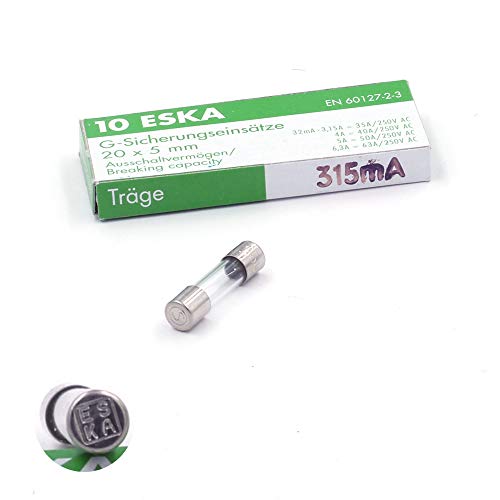Schmelzsicherungen (T) aus Glas, 315mA / 250 V AC , 5 x 20 mm, 10 Stück von ESKA