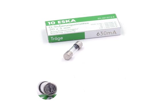 Schmelzsicherungen, träge (T), aus Glas, 630 A / 250 V AC, 5 x 20 mm, 10 Stück von ESKA