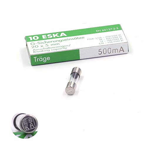 Schmelzsicherungen, träge (T), aus Glas, 500 A / 250 V AC, 5 x 20 mm, 10 Stück von ESKA