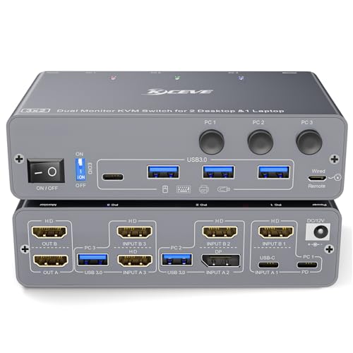 4K@60Hz USB C HDMI DP Dual Monitore KVM Switch 2 PC 1 Laptop Share 2 Monitore und 4 USB 3.0 Ports, EDID Simulation, PD 60W für Laptop, mit Kabelfernbedienung und USB-Kabel 4K@60Hz USB C HDMI DP Dual Monitore KVM Switch 2 PC 1 Laptop Share 2 Monitore und 4 USB 3.0 Ports, EDID Simulation, PD 60W für Laptop, mit Kabelfernbedienung und USB-Kabel von ESKEVE