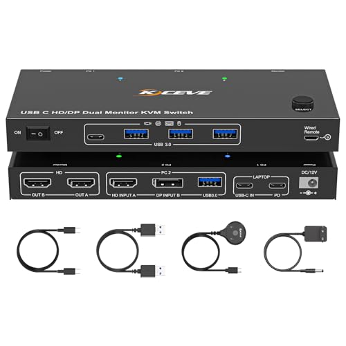 4K@60Hz USB C HDMI DP KVM Switch 1 PC 1 Laptop Sharing 2 Monitore und 4 USB 3.0 Ports, PD 60W für Laptops, Dual Monitor KVM Switches mit Kabelfernbedienung und USB Kabel von ESKEVE