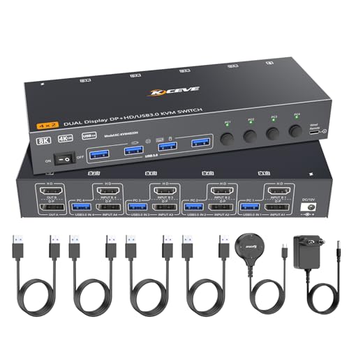 8K@60Hz Dual Monitore KVM Switch, ESKEVE 4K@144Hz HDMI Displayport KVM Switch 4 PC 2 Monitore Sharing 2 Monitore und 4 USB-Geräte, Kabelgesteuertes Netzteil und 4 USB3.0-Kabel enthalten 8K@60Hz Dual Monitore KVM Switch, ESKEVE 4K@144Hz HDMI Displayport KVM Switch 4 PC 2 Monitore Sharing 2 Monitore und 4 USB-Geräte, Kabelgesteuertes Netzteil und 4 USB3.0-Kabel enthalten von ESKEVE