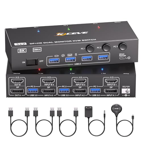 8K@60Hz HDMI Displayport Dual Monitore KVM Switch, ESKEVE KVM Switch 3 PC 2 Monitore Sharing 2 Monitore und 4 USB Geräte, mit Netzteil, Kabelfernbedienung und 3 USB Kabel 8K@60Hz HDMI Displayport Dual Monitore KVM Switch, ESKEVE KVM Switch 3 PC 2 Monitore Sharing 2 Monitore und 4 USB Geräte, mit Netzteil, Kabelfernbedienung und 3 USB Kabel von ESKEVE