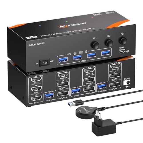 8K@60Hz KVM Switch 3 PC 3 Monitore, Triple Monitore KVM Switch 4K@144Hz für 3 Computer, die sich 3 Monitore und 4 USB 3.0-Geräte teilen, inklusive Netzteil, Kabelfernbedienung und USB-Kabel von ESKEVE