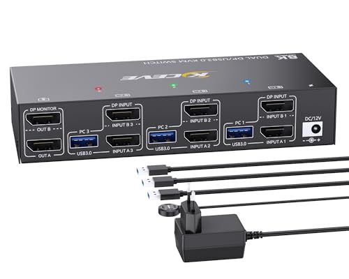 KVM Switch 3 PC 2 Monitore 8K@30Hz,KVM Switch DisplayPort 4K@144Hz für 3 PC-Teilen 2 Monitors und 4 USB3.0-Geräte. Support Extended & Copy Mode, mit Netzteil+USB-Kabel und Desktop Controllerller KVM Switch 3 PC 2 Monitore 8K@30Hz,KVM Switch DisplayPort 4K@144Hz für 3 PC-Teilen 2 Monitors und 4 USB3.0-Geräte. Support Extended & Copy Mode, mit Netzteil+USB-Kabel und Desktop Controllerller von ESKEVE