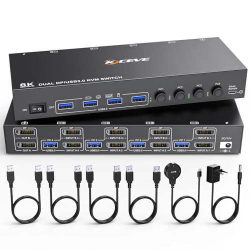 8K@30Hz 4 PC 2 Monitore KVM Switch,ESKEVE Dual Monitor KVM Switch DisplayPort 4K@144Hz Expansion und Replikationsmodus mit 4 USB Kabeln, Desktop Controller und Netzadapter 8K@30Hz 4 PC 2 Monitore KVM Switch,ESKEVE Dual Monitor KVM Switch DisplayPort 4K@144Hz Expansion und Replikationsmodus mit 4 USB Kabeln, Desktop Controller und Netzadapter von ESKEVE