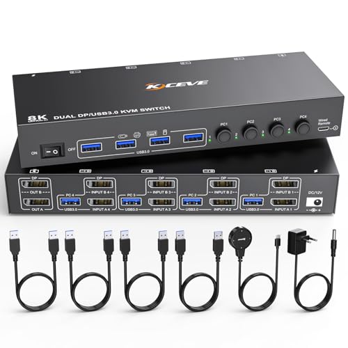 8K DisplayPort KVM Switch 4 PC 2 Monitore 8K@30Hz 4K@144Hz, Dual Monitor KVM Switch DisplayPort 1.4 und 4 USB 3.0 Ports für 4 PC/Laptops, mit DP+USB-Kabel und Desktop Controller von ESKEVE