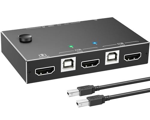 ESKEVE HDMI KVM Switch 2 PC 1 Monitor 4K@60Hz 2K@144Hz，KVM Switch mit HDMI 2.0,Ethernet und 4 USB 2.0 Ports für 2 PC Sharing 1 Monitor und Tastatur, Maus, Drucker, U Disk, mit 2 USB-Kabeln von ESKEVE