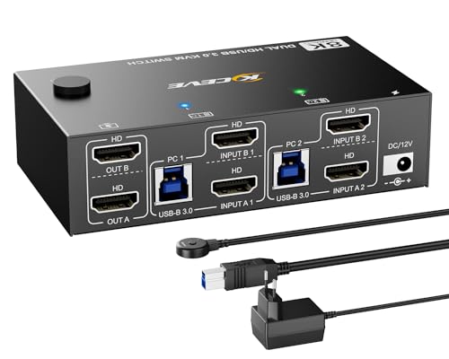KVM Switch 2 PC 2 Monitore 8K@60Hz 4K@144Hz,Dual Monitor HDMI2.1 KVM Switch für 2 PC Teilen 2 Monitors und 4 USB3.0-Geräte(3USB-A+USB-C), mit 12V DC Netzteil+verdrahtet Fernbedienung und 2 USB-Kabel von ESKEVE