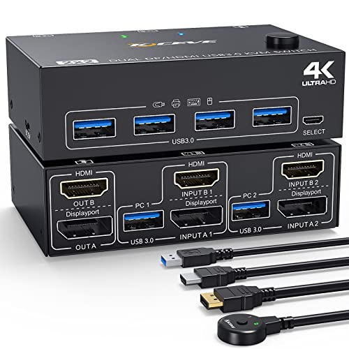 KVM Switch 2 PC 2 Monitore 4K@60Hz 2K@120Hz, ESKEVE Displayport + HDMI Dual Monitore KVM Switch für 2 PCs, die sich 2 Monitore und 4 USB 3.0 Geräte teilen, mit einem HDMI+DP+USB Kabel und Kabelfernbed von ESKEVE