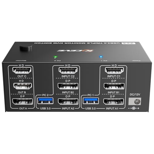 KVM Switch 2 PC 3 Monitore HDMI+Displayport 8K@60Hz 4K@144Hz, ESKEVE Triple Monitor KVM Switch für 2 PC Teilen 3 Monitors und 4 USB3.0-Geräte, mit 12V Netzteil,Verdrahtet Fernbedienung und 2 USB-Kabel KVM Switch 2 PC 3 Monitore HDMI+Displayport 8K@60Hz 4K@144Hz, ESKEVE Triple Monitor KVM Switch für 2 PC Teilen 3 Monitors und 4 USB3.0-Geräte, mit 12V Netzteil,Verdrahtet Fernbedienung und 2 USB-Kabel von ESKEVE