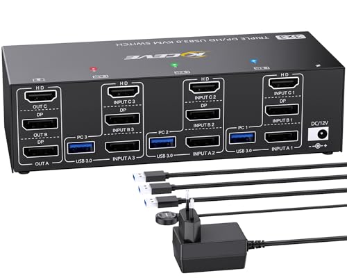 KVM Switch 3 PC 3 Monitore 8K@60Hz 4K@144Hz,Triple Monitor HDMI+2 Displayport KVM Switch für 3 PC Teilen 3 Monitors und 4 USB3.0-Geräte, mit 12V DC Netzteil, verdrahtet Fernbedienung und 2 USB-Kabel von ESKEVE