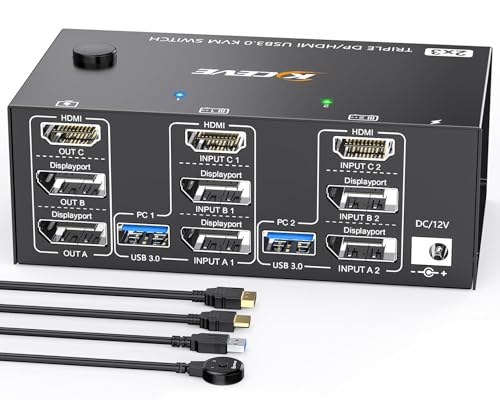 8K@60Hz KVM Switch 2 PC 3 Monitore,Triple Monitor KVM Switch 4K@144Hz Für 2 PC Share 3 Monitore und 4 USB3.0 Geräte, Kabelfernbedienung und 2 USB Kabel enthalten von ESKEVE