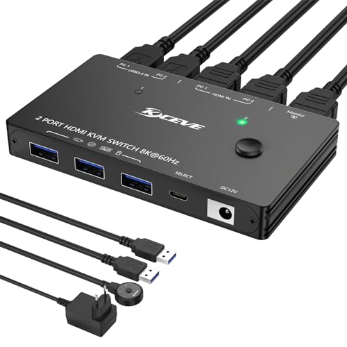8K@60Hz HDMI KVM Switch 2 PC 1 Monitor 4K@120Hz, KVM Switch HDMI mit 4 USB 3.0 Ports für 2 PC Sharing 1 Monitor und Tastatur, Maus, Drucker, mit Kabelfernbedienung und 2 USB3.0-Kabeln von ESKEVE