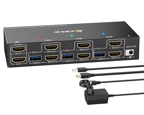 HDMI USB 3.0 KVM Switch 3 PC 2 Monitore 4K@60Hz,EDID Emulator, Dual Monitor KVM Switch HDMI mit 4 USB 3.0 Ports für 2 PC/Laptops, Support Extended & Copy Mode, mit USB-Kabel und Desktop Controller von ESKEVE