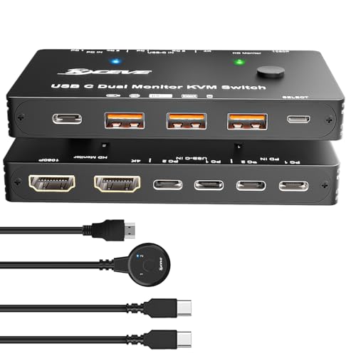 USB C KVM Switch 2 PC 2 Monitore 4K/1080P@60Hz, USB C Dual Monitore KVM Switches mit 4 10Gbps USB3.0 Ports, 100W PD für 2 Laptops, Inklusive Kabelfernbedienung und USB Kabel von ESKEVE