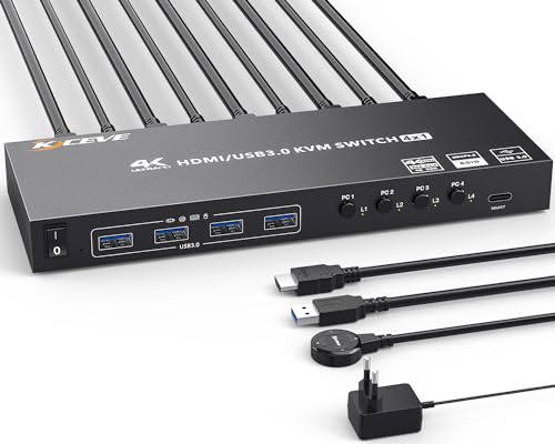 USB3.0 KVM Switch HDMI 4 Ports 4K@60Hz Simulation EDID, ESKEVE HDMI2.0 KVM Switch 4 PC 1 Monitor 2K@120Hz für 4 PC Teilen 1 Monitors und 4 USB3.0-Geräte, mit Wired Remote und HDMI+USB3.0 Kabeln USB3.0 KVM Switch HDMI 4 Ports 4K@60Hz Simulation EDID, ESKEVE HDMI2.0 KVM Switch 4 PC 1 Monitor 2K@120Hz für 4 PC Teilen 1 Monitors und 4 USB3.0-Geräte, mit Wired Remote und HDMI+USB3.0 Kabeln von ESKEVE