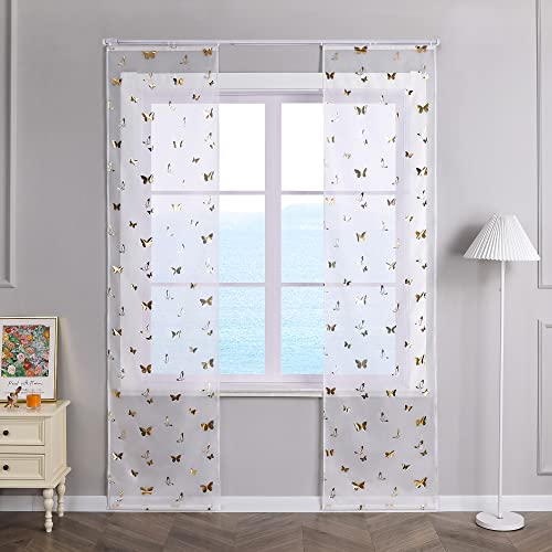 ESLIR 2er Set Flächenvorhänge Schiebegardinen Transparent Gardinen mit Klettband Schiebevorhang Weiß Vorhang Wohnzimmer Modern Gold BxH 57x225cm 2 Stück von ESLIR