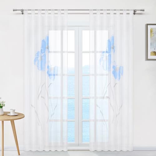 ESLIR Gardinen Vorhänge Gardinenschals Transparent Schlaufenschal mit Blumen Druck Blau BxH 150x145cm 1 Stück von ESLIR