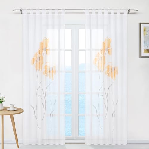 ESLIR Gardinen Vorhänge Gardinenschals Transparent Schlaufenschal mit Blumen Druck Orange BxH 150x225cm 1 Stück von ESLIR