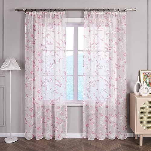 ESLIR Gardinen mit Kräuselband Vorhänge Fensterschal Transparent Dekoschal Ausbrenner Wohnzimmer Schal mit Blumenmuster Rosa BxH 140x145cm 1 Stück von ESLIR