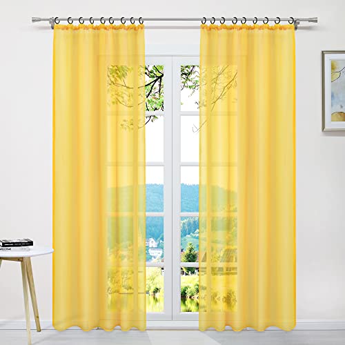 ESLIR Gardinen mit Kräuselband Vorhänge Fensterschal Transparent Schlaufenschal Voile Schal Uni Gelb BxH 145x175cm 1 Stück von ESLIR