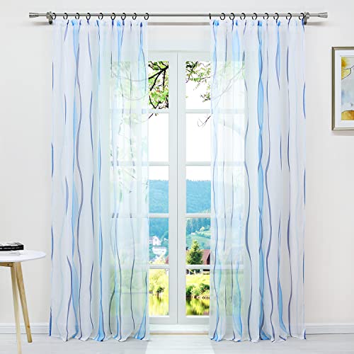 ESLIR Gardinen mit Kräuselband Vorhänge Gardinenschals Transparent Schlaufenschal Wellen Muster Voile Blau BxH 140x225cm 1 Stück von ESLIR