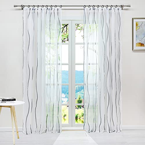 ESLIR Gardinen mit Kräuselband Vorhänge Gardinenschals Transparent Schlaufenschal Wellen Muster Voile Grau BxH 140x145cm 1 Stück von ESLIR