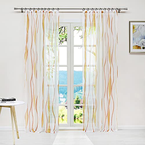 ESLIR Gardinen mit Kräuselband Vorhänge Gardinenschals Transparent Schlaufenschal Wellen Muster Voile Orange BxH 140x225cm 1 Stück von ESLIR