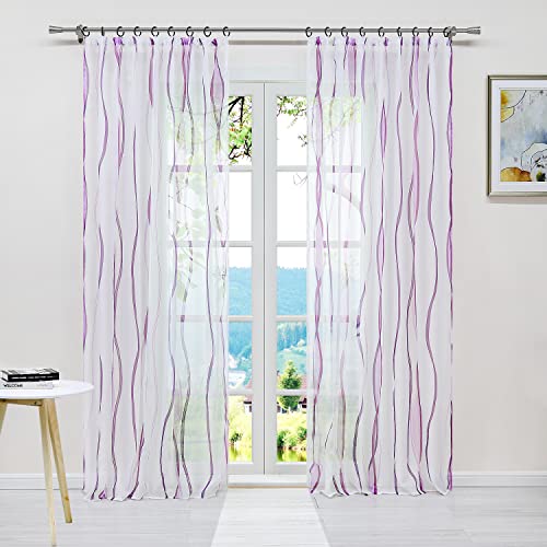 ESLIR Gardinen mit Kräuselband Vorhänge Gardinenschals Transparent Schlaufenschal Wellen Muster Voile Violett BxH 140x225cm 1 Stück von ESLIR