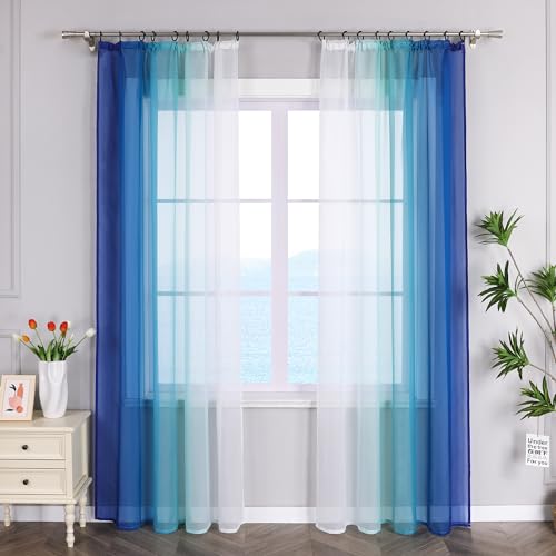 ESLIR Gardinen mit Kräuselband Vorhänge Gardinenschals Transparent Stores Gardinen Farbverlauf Voile Blau BxH 140x175cm 2 Stück von ESLIR