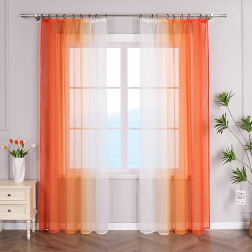 ESLIR Gardinen mit Kräuselband Vorhänge Gardinenschals Transparent Stores Gardinen Farbverlauf Voile Orange BxH 140x145cm 2 Stück von ESLIR