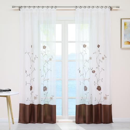 ESLIR Gardinen mit Kräuselband Vorhänge Transparent Gardinenschals mit Blumen Stickrei Dekoschal Voile Braun BxH 140x225cm 1 Stück von ESLIR