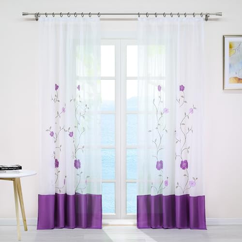 ESLIR Gardinen mit Kräuselband Vorhänge Transparent Gardinenschals mit Blumen Stickrei Dekoschal Voile Violett BxH 140x145cm 1 Stück von ESLIR