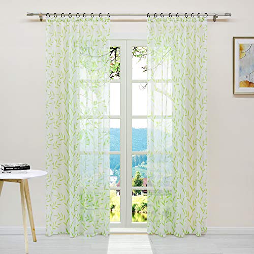 ESLIR Gardinen mit Kräuselband Vorhänge Transparent Wohnzimmer Fensterschal mit Blätter Muster Modern Voile Grün BxH 140x225cm 1 Stück von ESLIR