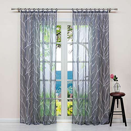 ESLIR Gardinen mit Kräuselband Vorhänge Transparent Wohnzimmer Fensterschal mit Zweige Muster Voile Grau BxH BxH 140x145cm1 Stück von ESLIR