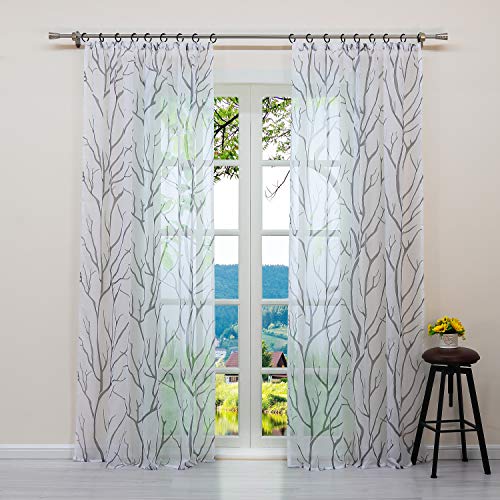 ESLIR Gardinen mit Kräuselband Vorhänge Transparent Wohnzimmer Fensterschal mit Zweige Muster Voile Weiß-Grau BxH BxH 140x245cm1 Stück von ESLIR