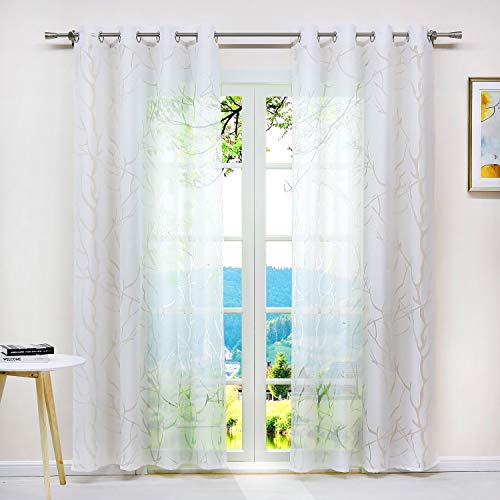 ESLIR Gardinen mit Ösen Vorhänge Ausbrenner Weiß Ösenschal Transparent Fensterschal Zweige Design BxH BxH 140x145cm1 Stück von ESLIR