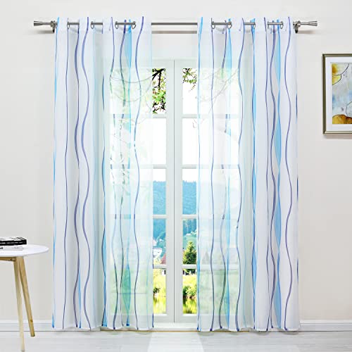 ESLIR Gardinen mit Ösen Vorhänge Gardinenschals Transparent Schlaufenschal Wellen Muster Voile Blau BxH 140x225cm 1 Stück von ESLIR